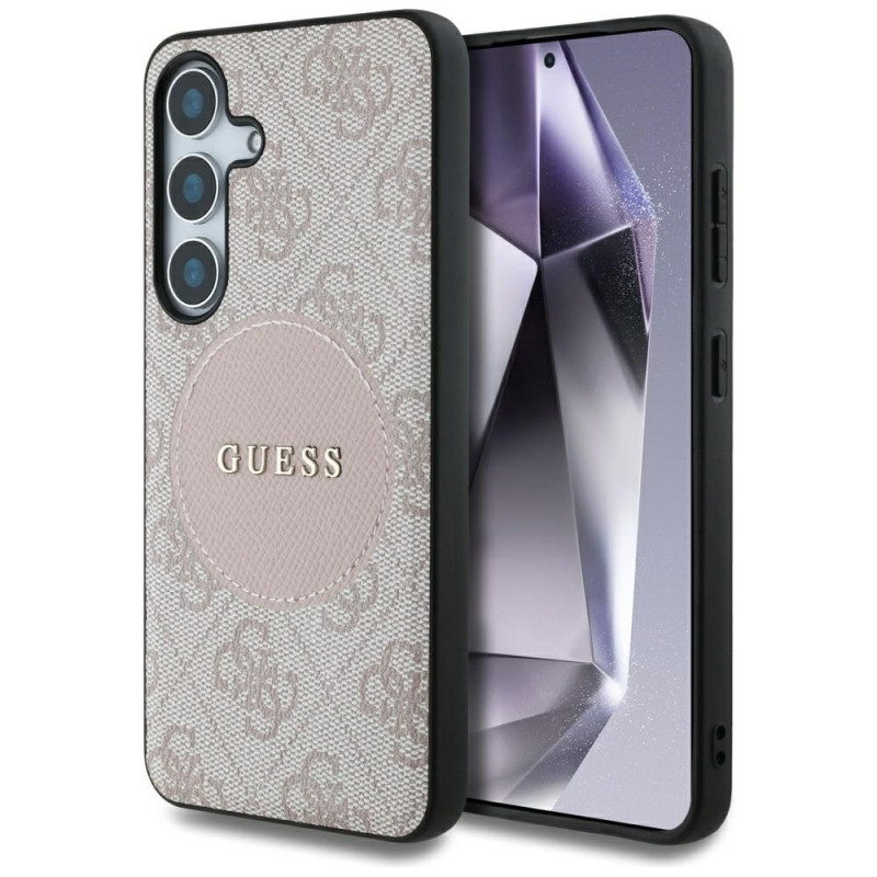 Guess Samsung Galaxy S25 - 4G Round Patch Classic Logo - Θήκη με Επένδυση Συνθετικού Δέρματος και MagSafe - Pink - GUHMS25SP4PGRSGP