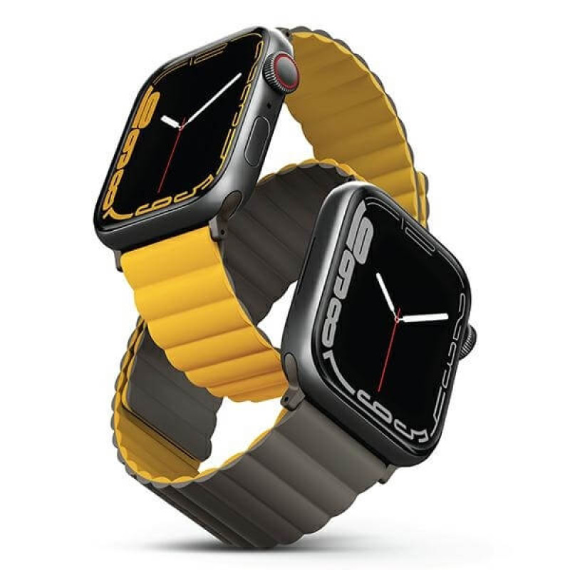 UNIQ Λουράκι Apple Watch 2 / 3 / 4 / 5 / 6 / 7 / 8 / 9 / SE / ULTRA 1 / ULTRA 2 - 42 / 44 / 45 / 49 mm Revix Μαγνητικό Σιλικόνης Διπλής Όψης - Mustard / Khaki