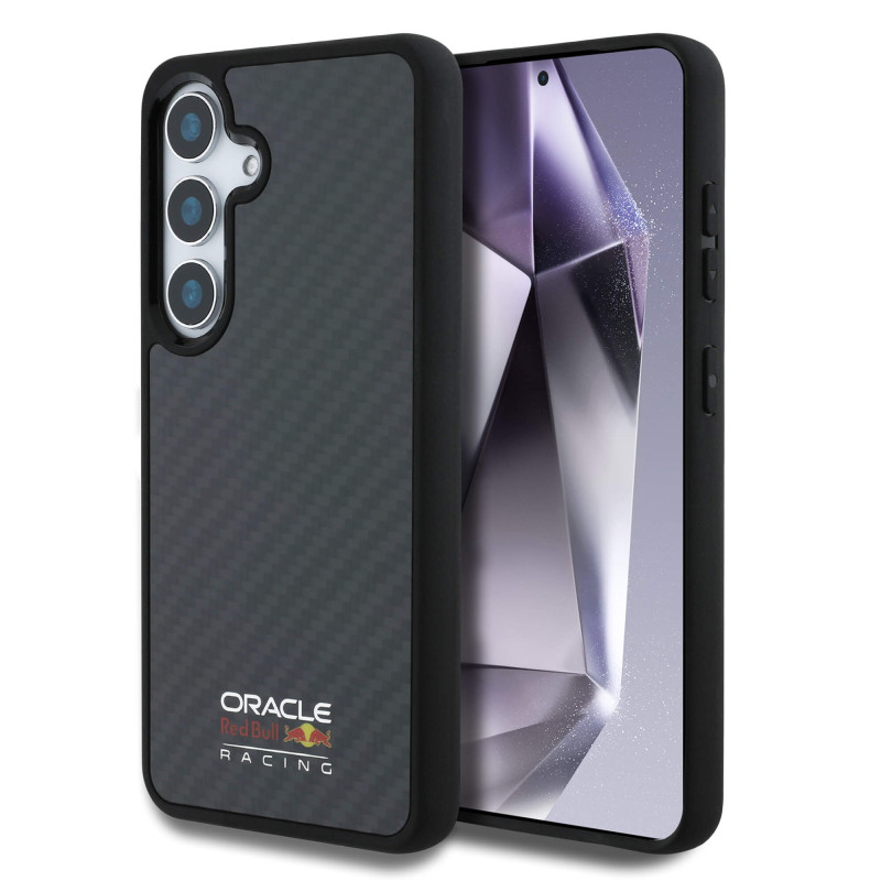 Red Bull Samsung Galaxy S25 - Real Carbon Fiber Shiny Logo - MagSafe Σκληρή Θήκη με Πλαίσιο Σιλικόνης - Black - RBHMS25S24CFILSK