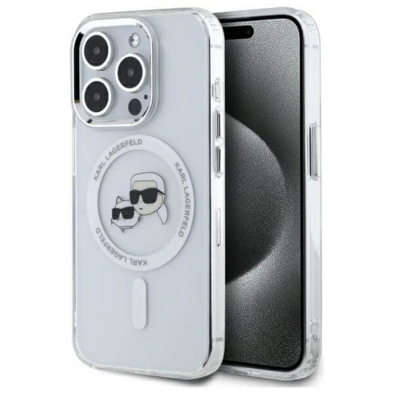 Karl Lagerfeld iPhone 15 Pro Max - IML Metal Karl and Choupette Head - Σκληρή Θήκη με Πλαίσιο Σιλικόνης και MagSafe -White - KLHMP15XHLSKCH