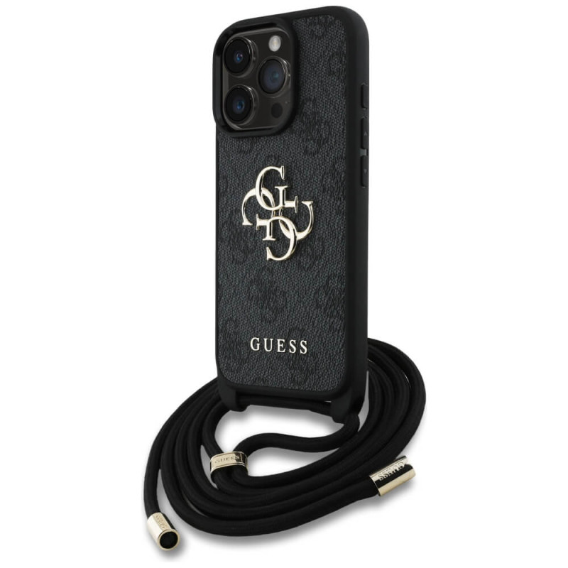 Guess iPhone 16 Pro Max - 4G Big Logo Cord Stap Crossbody - Θήκη με Επένδυση Συνθετικού Δέρματος και Λουράκι - Black - GUHCP16XP4GMGCRK