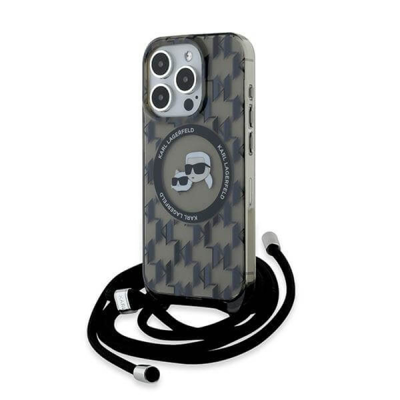 Karl Lagerfeld iPhone 15 Pro Max - IML Crossbody Monogram Karl and Choupette Head - MagSafe Σκληρή Θήκη με Πλαίσιο Σιλικόνης και Λουράκι - Black - KLHMP15XHCKCKLCK