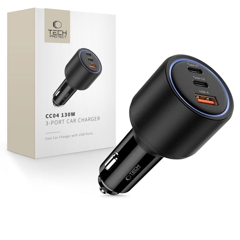 TECH-PROTECT CC04 PD130W Φορτιστής Αυτοκινήτου Γρήγορης Φόρτισης με 2 Θύρες Type-C και 1 Θύρα USB - Black