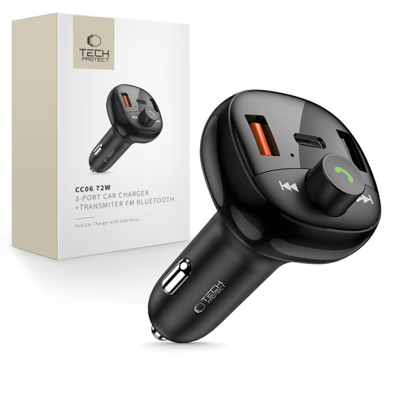 Tech-Protect CC06 FM Transmitter για Αναπαραγωγή Μουσικής / Κλήσεις / Φόρτιση Κινητών στο Αυτοκίνητο PD72W - Black