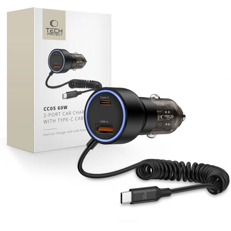 TECH-PROTECT CC05 PD60W Φορτιστής Αυτοκινήτου Γρήγορης Φόρτισης με 1 Θύρα Type-C, 1 Θύρα USB και Ενσωματωμένο Καλώδιο Type-C - Black