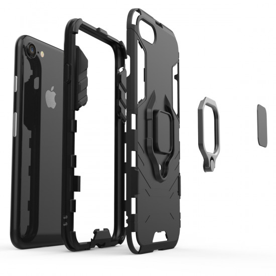 OEM iPhone SE 2022 / SE 2020 / 7 / 8 Rugged Armor Σκληρή Θήκη Υψηλής Προστασίας με Πλαίσιο Σιλικόνης και Δαχτυλίδι Συγκράτησης - Black