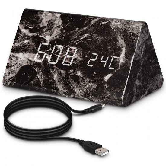 Kwmobile Digital Alarm LED Clock - Ψηφιακό Επιτραπέζιο Ρολόι και Ξυπνητήρι - Design Dark Marble - White LED - 40799