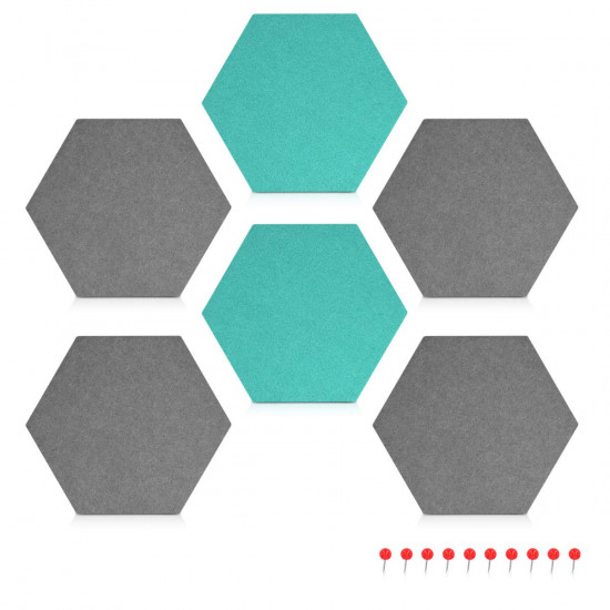 Navaris Hexagon Felt Memo Boards - Σετ με 6 Πλαίσια Ανακοινώσεων και Πινέζες - Grey - Turquoise - 46230.01