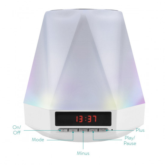 Navaris LED Bluetooth Speaker Bedside Lamp - Επαναφορτιζόμενο Ηχείο Bluetooth με Ρολόι και Ξυπνητήρι και Φωτισμό LED - Design Diamond - White - 42805
