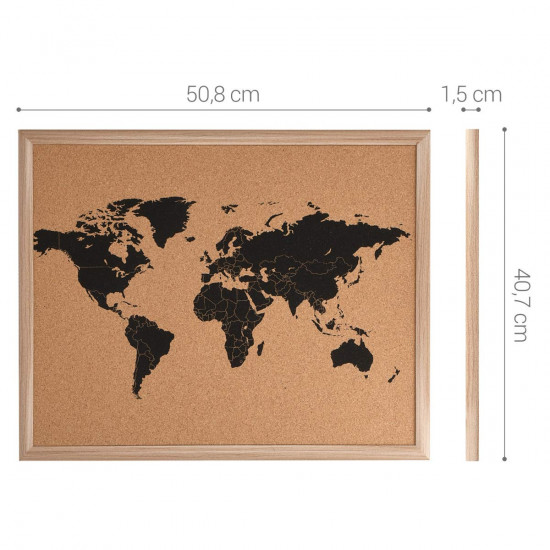 Navaris Cork Notice Board 50 x 40 cm - Πίνακας Ανακοινώσεων με Πινέζες - Design World Map - Brown - Black - 46080.01