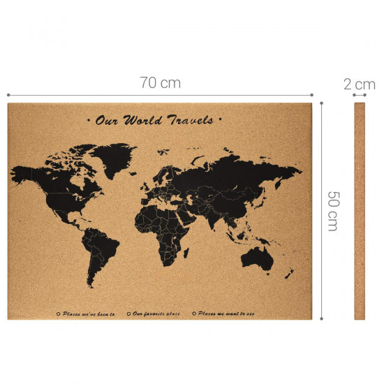 Navaris Cork Notice Board 70 x 50 cm - Πίνακας Ανακοινώσεων με Πινέζες - Design World Map - Brown - Black - 44347.01