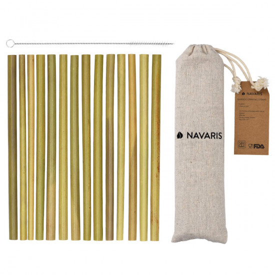Navaris Reusable Drinking Straws Σετ με 14 Καλαμάκια από Μπαμπού με Βούρτσα Καθαρισμού και Θήκη από Λινό - 47601.14.195